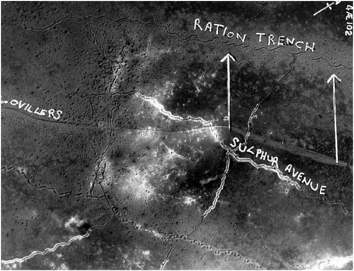 The area of the 9th Royal Fusiliers attack on Ration Trench from a contemporary aerial photograph (The Long Long Trail)