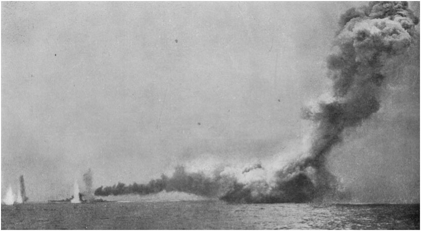 HMS Queen Mary exploding with the burning HMS Lion surrounded by shell splashes