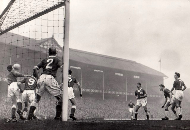 Everton vs Nottingham Forest, December 1957, with 1909 Goodison Road stand as backdrop
