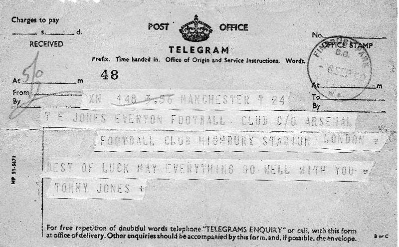 Telegram from TG Jones to TE Jones on his debut