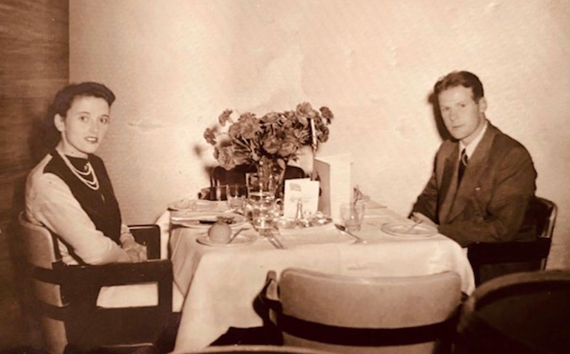 Helen and Billy Higgings dining on the Queen Elizabeth, 1950