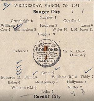 The team sheet for Bangor City in March 1951, featuring three former Evertonians