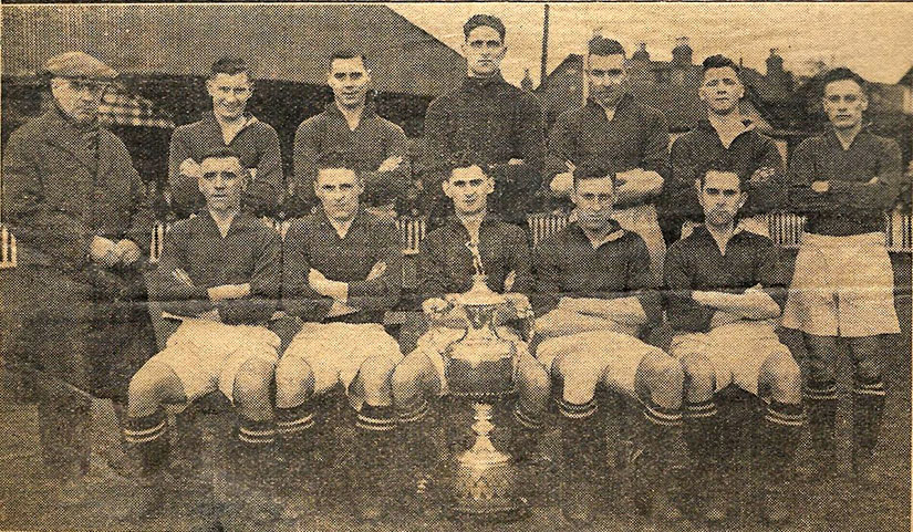 Tranmere-Rovers, Liverpool Senior-Cup winners. Bob Bell seated with trophy