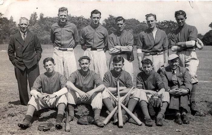 Everton Baseball team circa 1945, featuring Gordon Watson of Everton FC and Theo Kelly as trainer