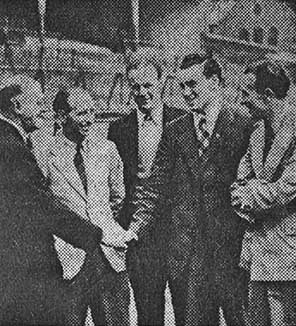 Eglington and Farrell are welcomed to Goodison Park by Theo Kelly, Alex Stevenson and Norman Greenhalgh