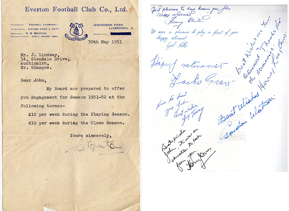 Left: John's terms for the 1951-52 season; Right: Retirement wishes from Everton colleagues