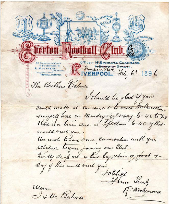 Letter to John and Bill Balmer from Everton FC, 1896 (care of Bren Connolly)