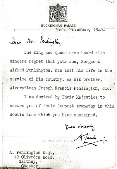 The letter from Buckingham Palace to the Penlington family