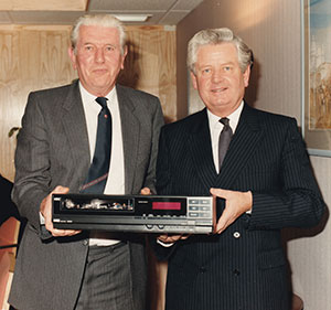 Alan Storey retirement gift presented by Philip Carter in 1988