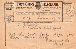 Telegram from Dixie Dean to Tommy Johnson
