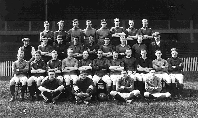 Liverpool FC team in 1911 in front of the Kop